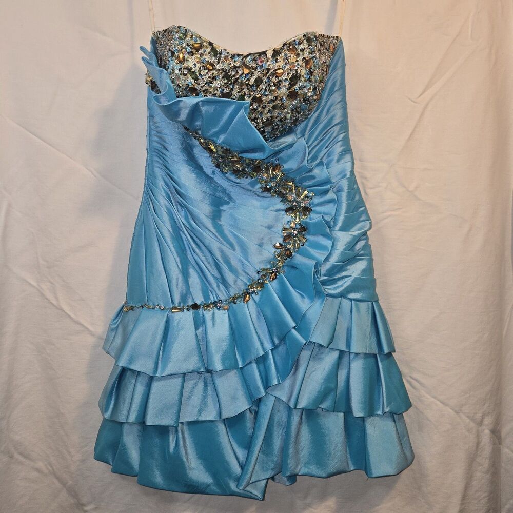 Riva Design Aqua Blue Jeweled Strapless Mini Beaded Formal Dress Size 10